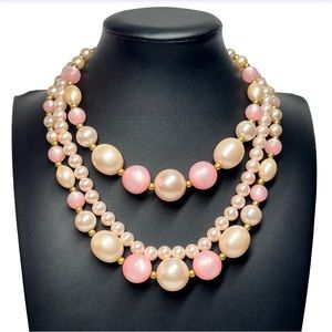 VTG 60's Pink Triple Strand Japan Style Beaded Necklace 13-15"